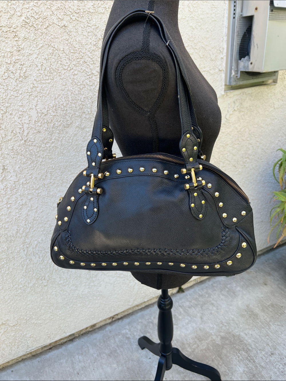 Black Studded Leather Satchel Handbag